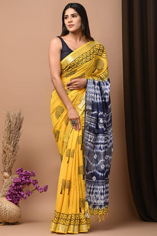 Yellow & Multi Coloured Linen Cotton Beautiful Hand Block printed Women Daily/Party wear Saree with Blouse!!