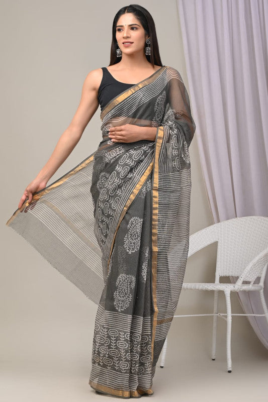 Grey & Multi Coloured Kota Doriya Cotton Beautiful Hand Block printed Women Daily/Party wear Saree with Blouse!!