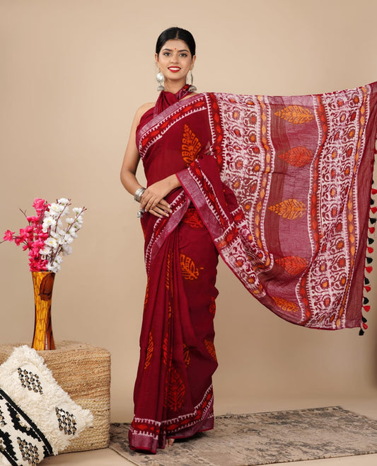 LINEN COTTON HAND PRINTED  SAREE WITH TAUSSAL