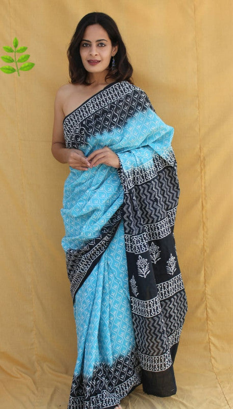 Sky Blue & Black Coloured Beautiful Hand Block printed Women Daily/Party wear Pure Cotton Saree with Blouse!!