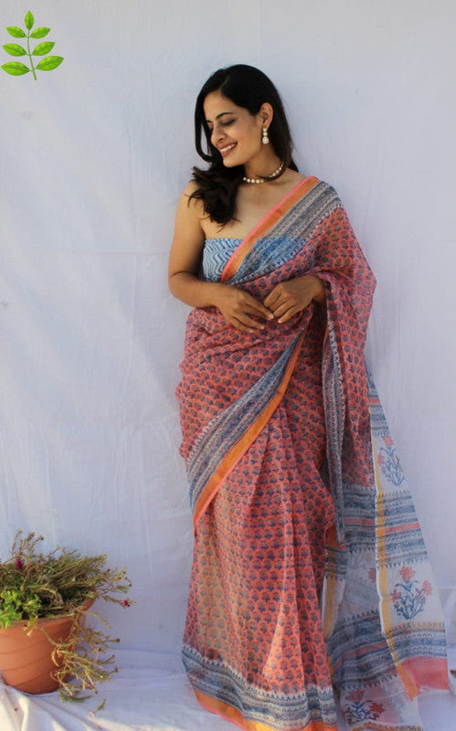 Pink & Multi Coloured Kota Doriya Cotton Beautiful Hand Block printed Women Daily/Party wear Saree with Blouse!!