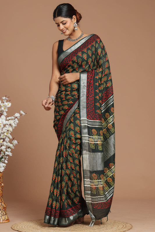 Dark Green & Multi Coloured Linen Cotton Beautiful Hand Block printed Women Daily/Party wear Saree with Blouse!!