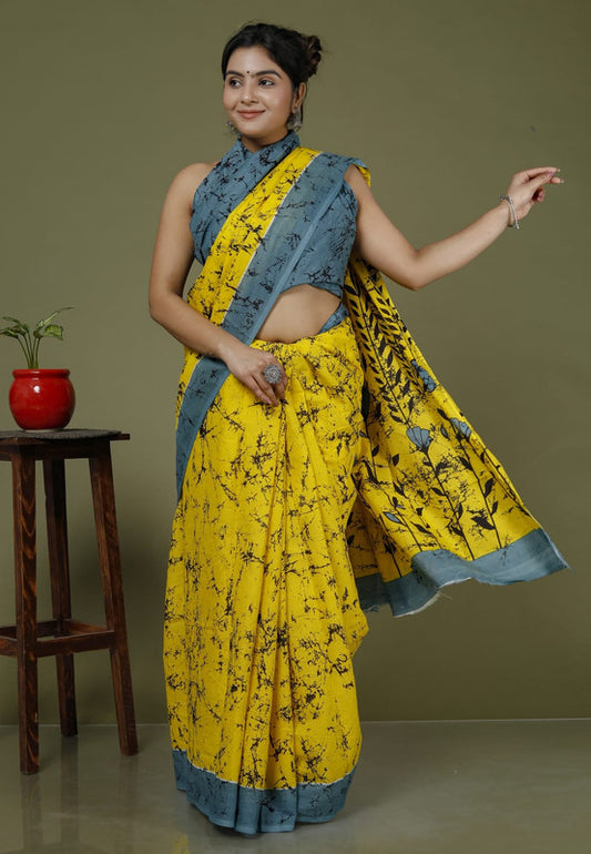 Yellow & Grey Coloured Hand Printed Super dying Quality Mul Cotton Women Daily wear Saree with Blouse!!