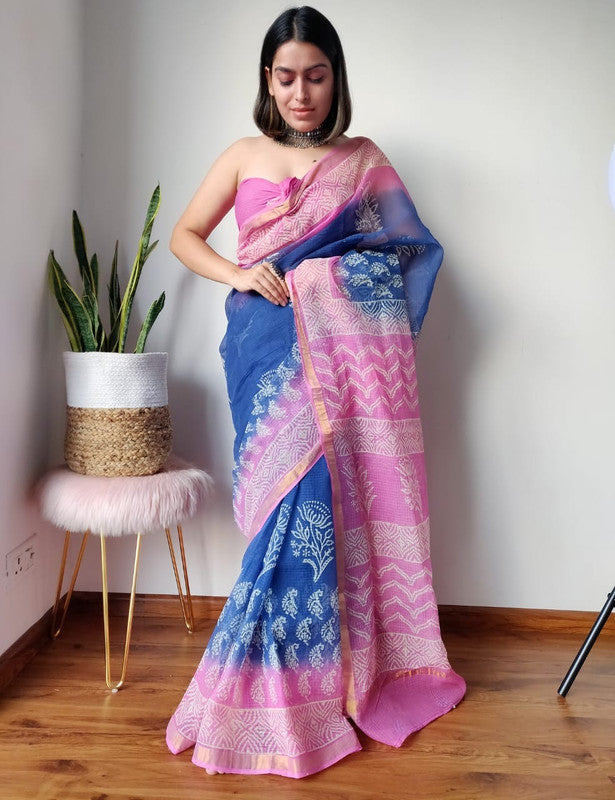 Blue & Multi Coloured Kota Doriya Cotton Beautiful Hand Block printed Women Daily/Party wear Saree with Blouse!!