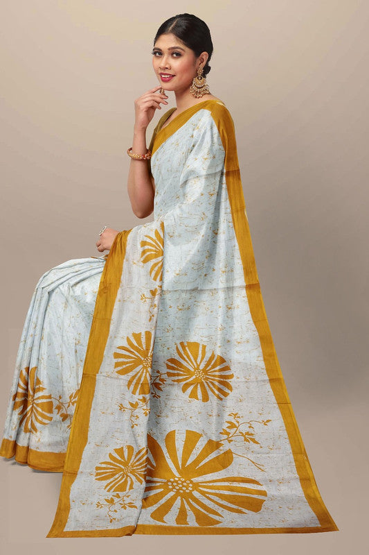 Off White & Yellow Coloured Premium Mul Mul Cotton Beautiful Hand Block printed Women Daily/Party wear Saree with Blouse!!