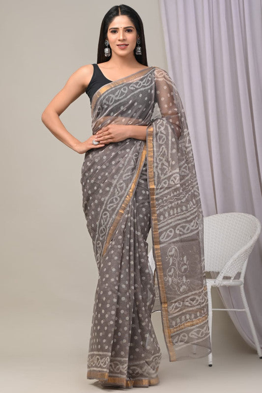 Brown & Multi Coloured Kota Doriya Cotton Beautiful Hand Block printed Women Daily/Party wear Saree with Blouse!!