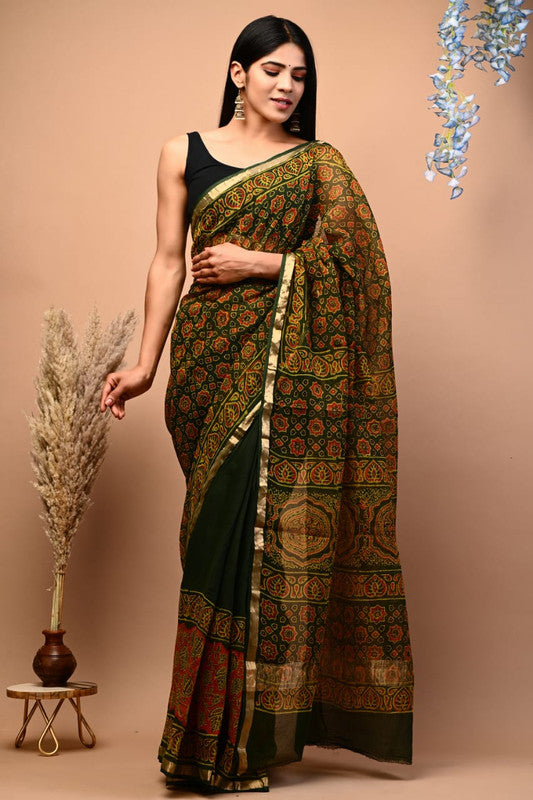 Mehendi Green & Black Coloured Beautiful Hand Block printed Women Daily/Party wear Kota Doriya Cotton Saree with Blouse!!