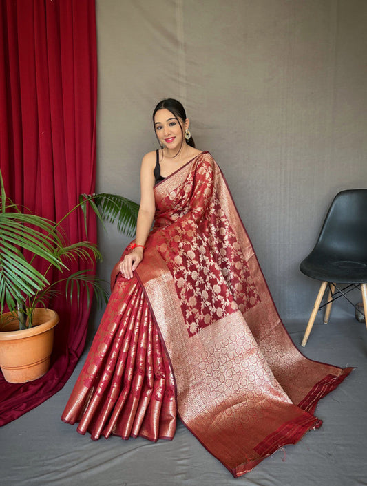 Red Coloured Pure Linen Cotton with Copper Weaving Women Designer Party wear Linen Cotton Saree with Brocade Blouse!!