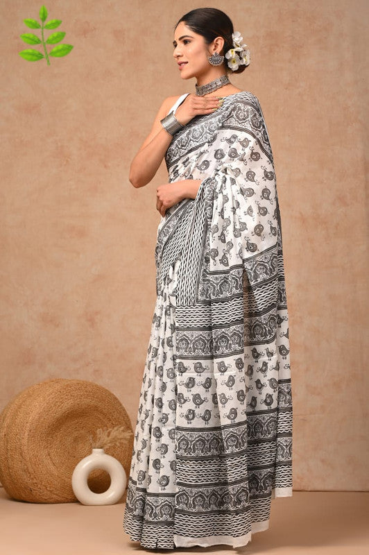 White & Grey Coloured Pure Cotton Beautiful Hand Block printed Women Daily/Party wear Saree with Blouse!!