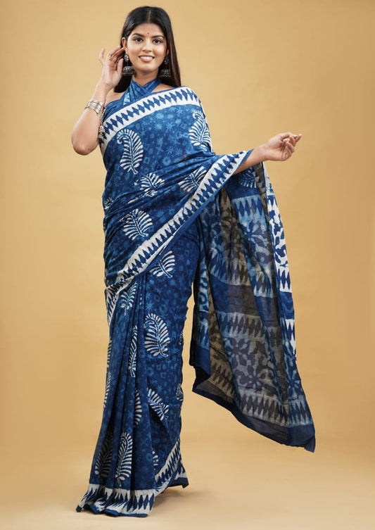 Blue & Off White Coloured Beautiful Hand Block printed Women Daily/Party wear Pure Cotton Saree with Blouse!!