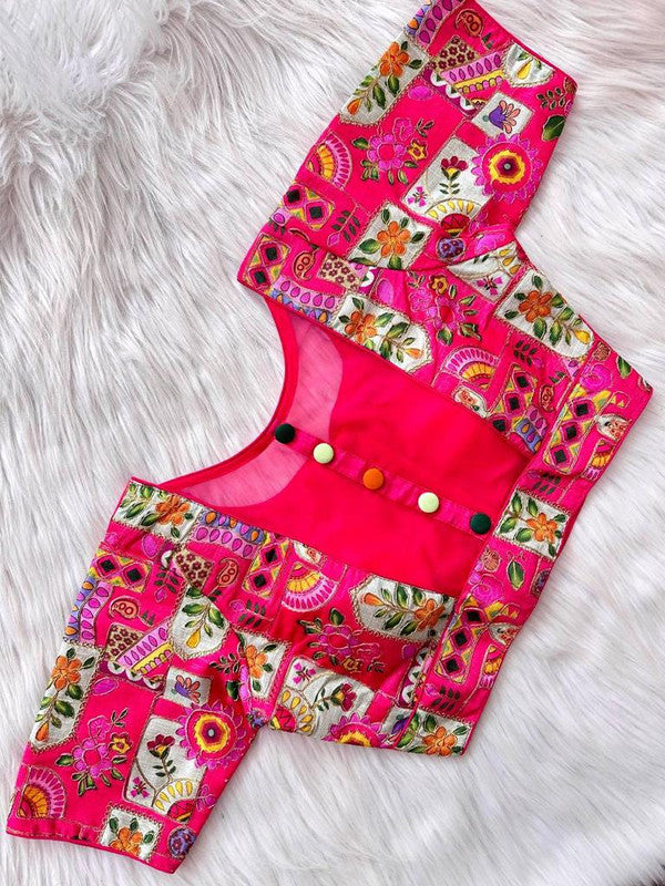 Pink & Multi Coloured Premium Malai Silk Multi Work 5 Colour Button Woman Ready made Designer fancy Blouse- Free Size Up to 42 Inch!!