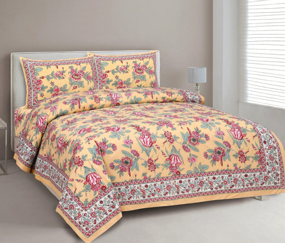 Yellow & Multi Coloured Pure Cotton Beautiful Hand Printed Queen size Double Bed sheet with 2 Pillow covers!!