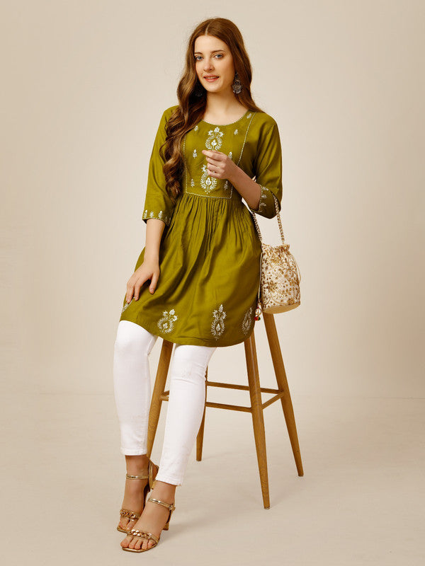 Mehendi Green Coloured Premium Rayon with Embroidery & Sequence Work Round Neck 3/4 Sleeves work Women Party/Daily wear Western Top!!