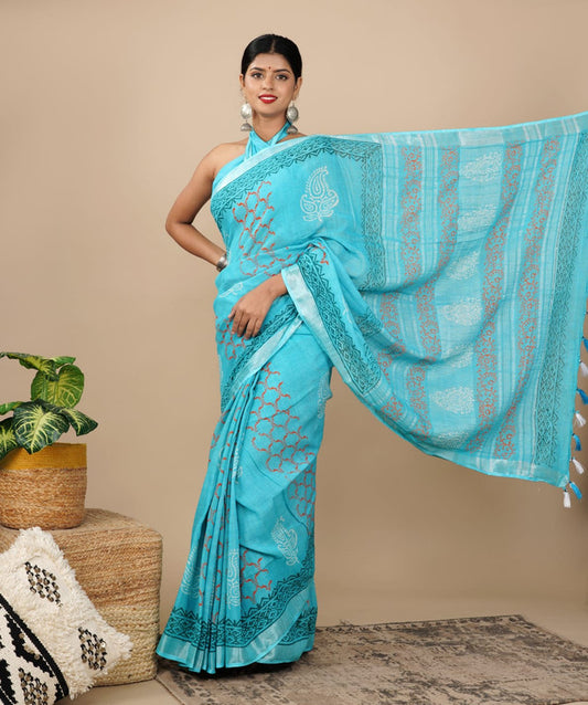 LINEN COTTON HAND PRINTED  SAREE WITH TAUSSAL