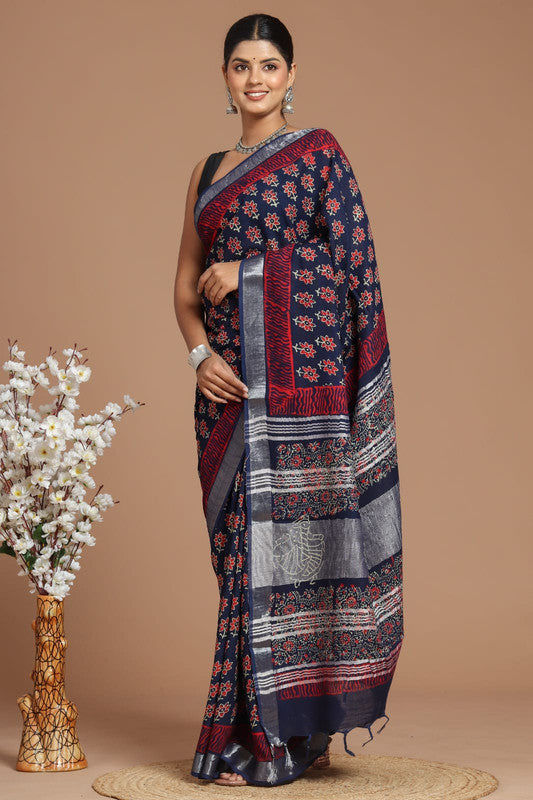 Navy Blue & Multi Coloured Linen Cotton Beautiful Hand Block printed Women Daily/Party wear Saree with Blouse!!