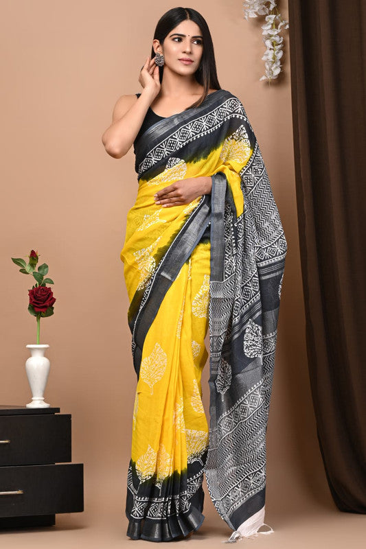 Latest Attractive Beautiful Designer Hand Block Print Linen Saree