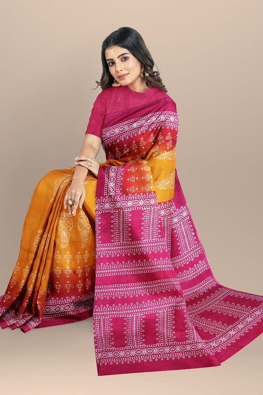 Mustrad Yellow & Pink Coloured Premium Mul Mul Cotton Beautiful Hand Block printed Women Daily/Party wear Saree with Blouse!!