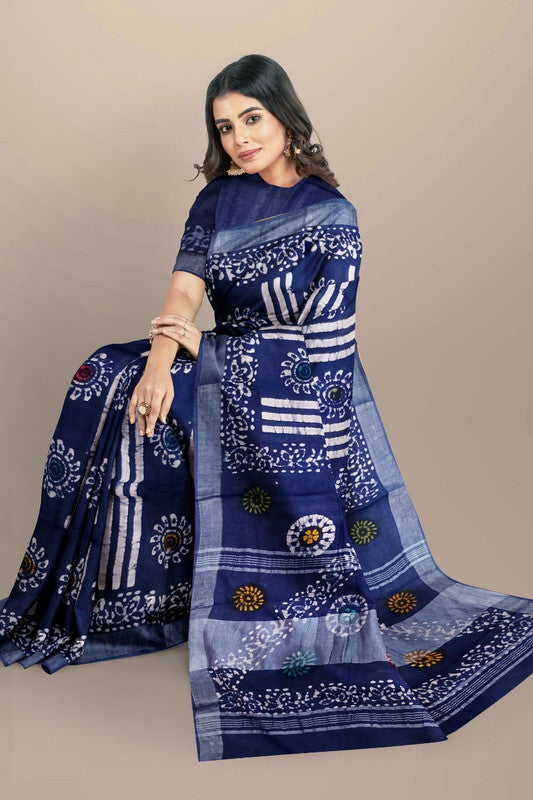 Blue & Multi Coloured Linen Cotton Beautiful Hand Block printed Women Daily/Party wear Saree with Blouse!!