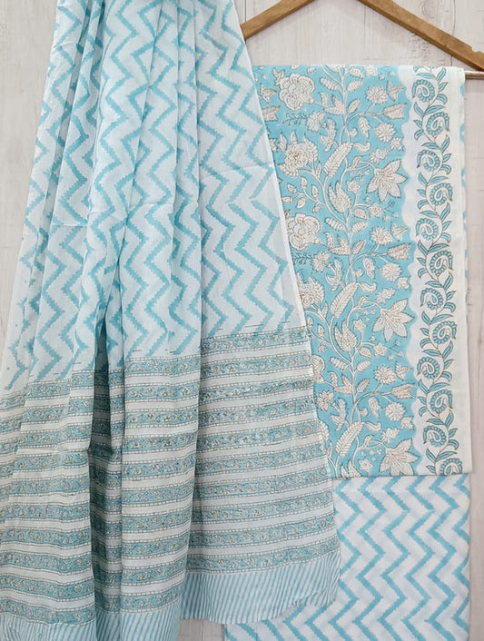 Sky Blue & White Coloured Unstitched Pure Cotton Hand Block Printed Women Party/Daily wear Dress Material Suit- Top with Bottom & Cotton Dupatta!!