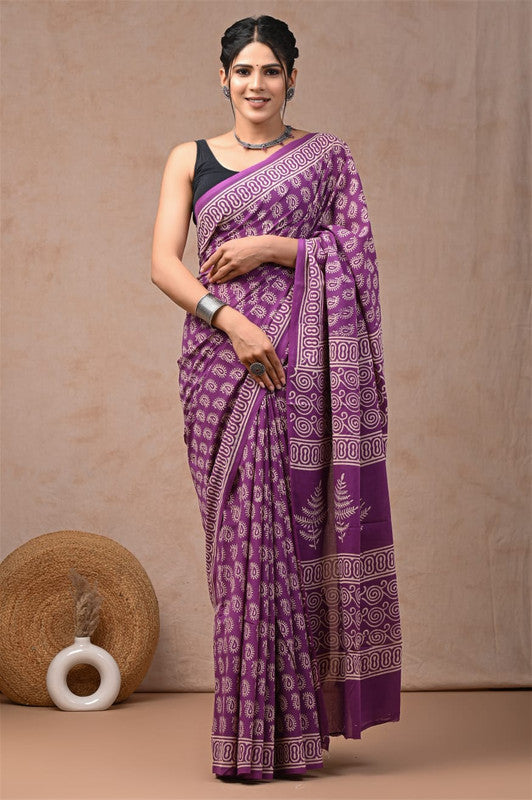 Purple & White Coloured Hand Block Bagru, Dabu & Batik Dye Print Women Designer Party wear Pure Cotton Saree with Runnin Blouse!!