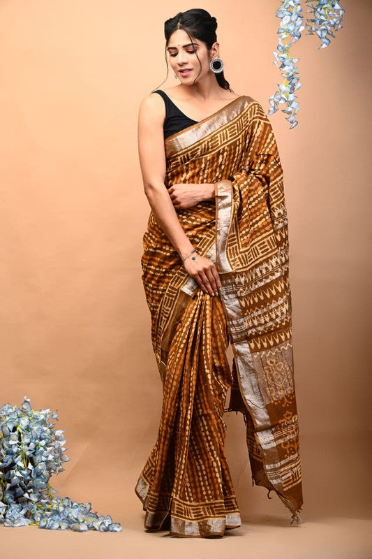 Brown & Multi Coloured Linen Cotton Beautiful Hand Block printed Women Daily/Party wear Saree with Blouse!!