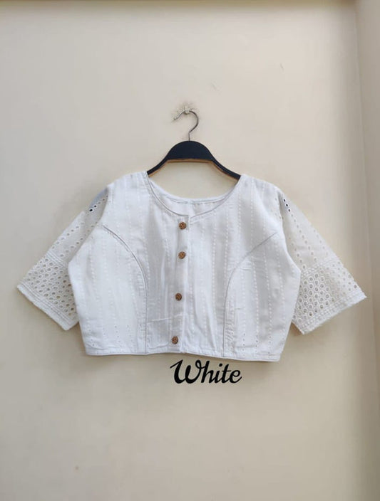 White Coloured Jaipuri Goli Hakoba Boat Neck Ready made Blouse with Wooden Button!!