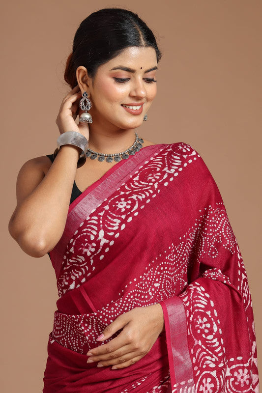 Maroon & Multi Coloured Linen Cotton Beautiful Hand Block printed Women Daily/Party wear Saree with Blouse!!