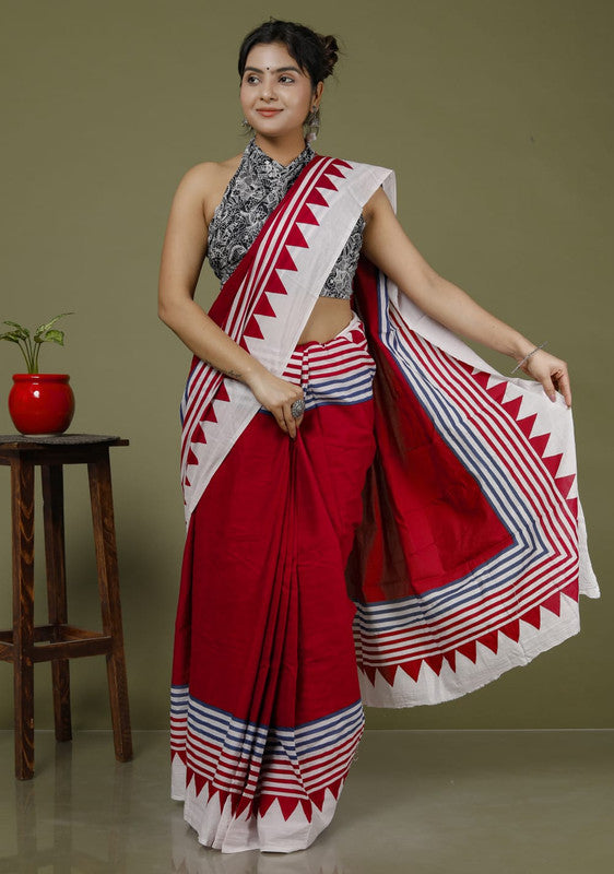 Maroon & Multi Coloured Hand Printed Super dying Quality Mul Cotton Women Daily wear Saree with Blouse!!