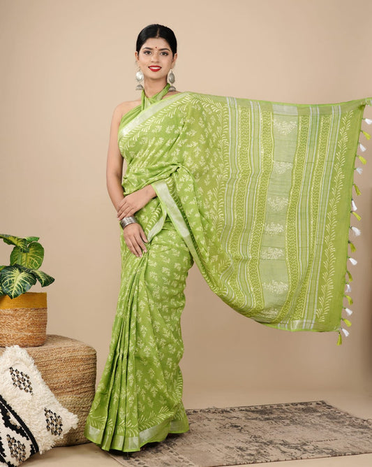 LINEN COTTON HAND PRINTED  SAREE WITH TAUSSAL