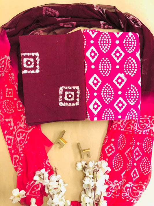 Maroon & Multi Coloured Unstitched Pure Cotton Block Printed Women Party/Daily wear Dress Material Suit- Top with Bottom & Chiffon Dupatta!!