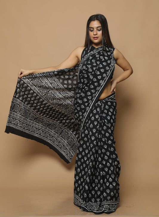 Black & Off White Coloured Beautiful Hand Block printed Women Daily/Party wear Pure Cotton Saree with Blouse!!