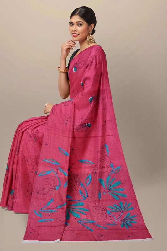 Dark Pink & Multi Coloured Premium Mul Mul Cotton Beautiful Hand Block printed Women Daily/Party wear Saree with Blouse!!