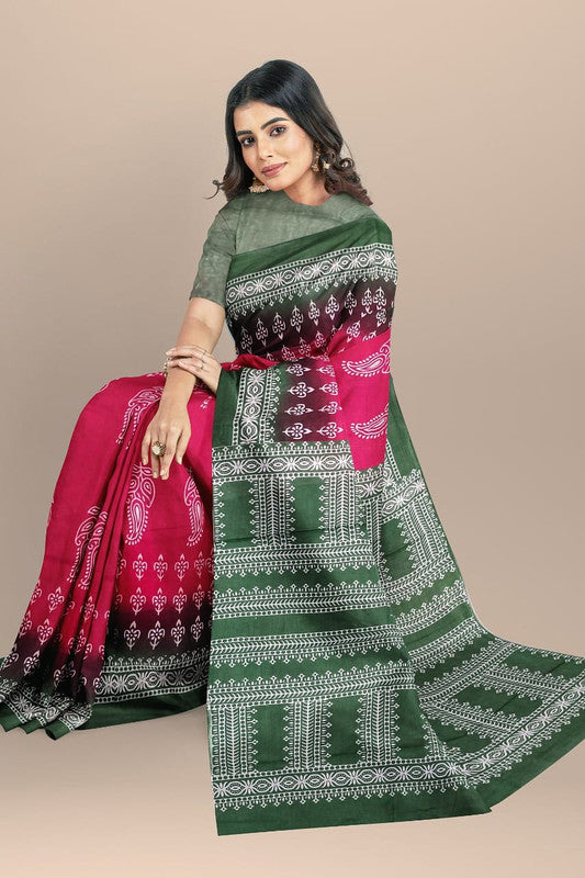 Pink & Green Coloured Premium Mul Mul Cotton Beautiful Hand Block printed Women Daily/Party wear Saree with Blouse!!