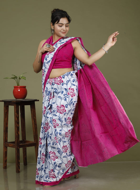 Pink & Multi Coloured Hand Printed Super dying Quality Mul Cotton Women Daily wear Saree with Blouse!!