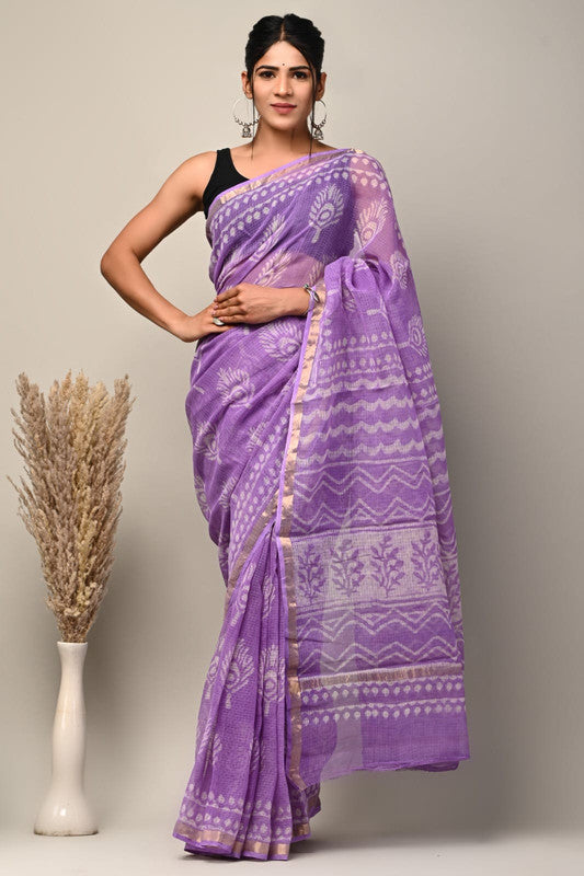 Purple & Multi Coloured Kota Doriya Cotton Beautiful Hand Block printed Women Daily/Party wear Saree with Blouse!!