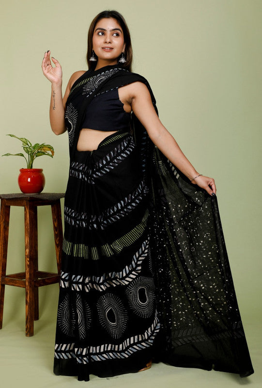 BEAUTIFUL BLACK HAND PRINTED MUL COTTON SAREE!!