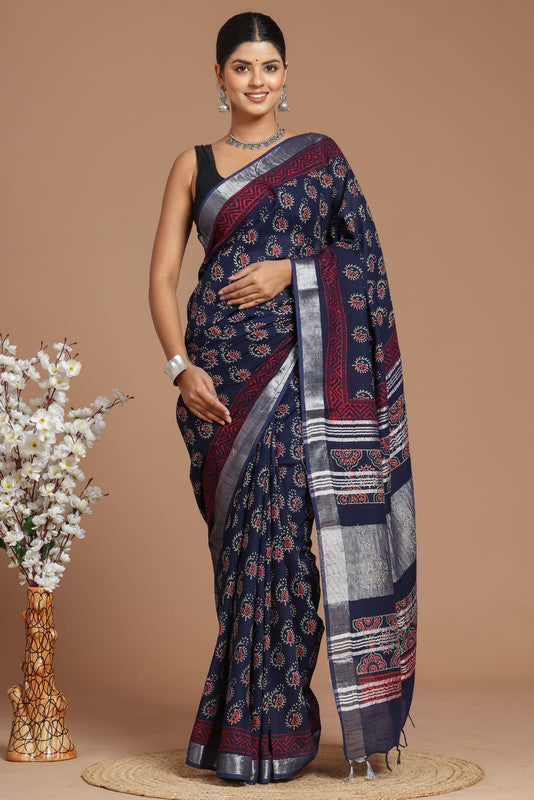 Navy Blue & Multi Coloured Linen Cotton Beautiful Hand Block printed Women Daily/Party wear Saree with Blouse!!