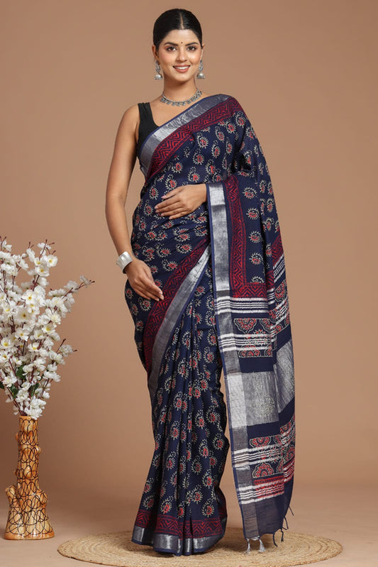 Navy Blue & Multi Coloured Linen Cotton Beautiful Hand Block printed Women Daily/Party wear Saree with Blouse!!