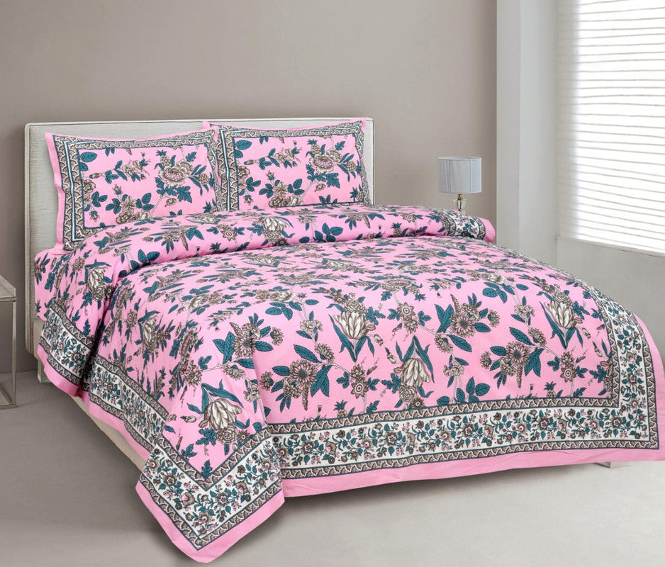 Pink & Multi Coloured Pure Cotton Beautiful Hand Printed Queen size Double Bed sheet with 2 Pillow covers!!