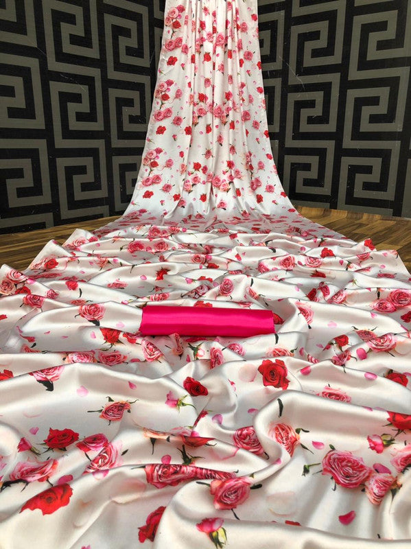 Off White & Pink Coloured Heavy Japan Satin Digital Printed Party wear Fancy Saree with Blouse!!