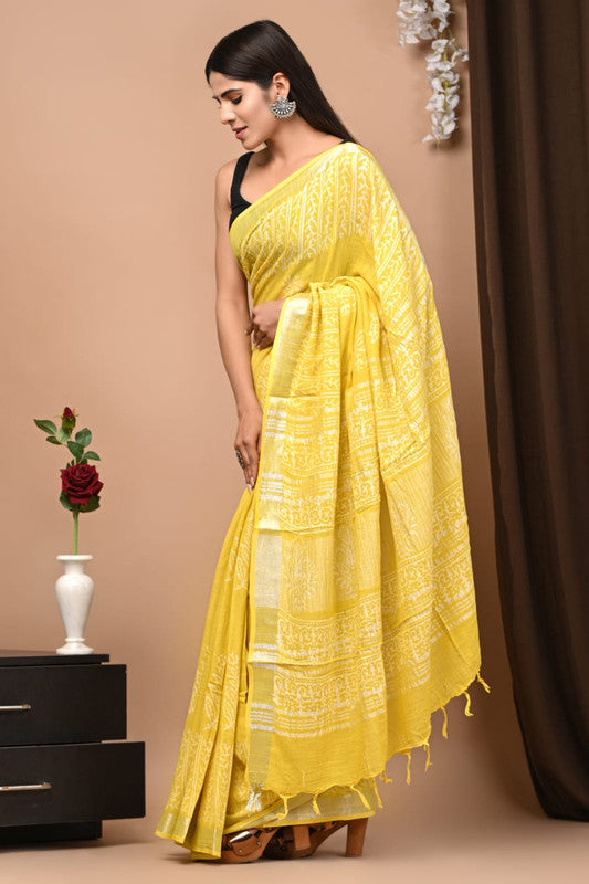 Latest Attractive Beautiful Designer Hand Block Print Linen Saree