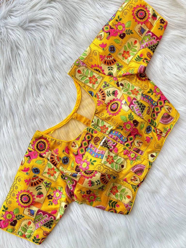 Yellow & Multi Coloured Premium Malai Silk Multi Work 5 Colour Button Woman Ready made Designer fancy Blouse- Free Size Up to 42 Inch!!