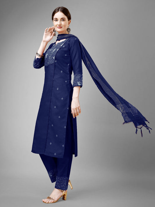 Navy Blue Coloured With Embroidery & Fancy Lace Work Women Designer Party/Casual wear Cotton Kurti with Pant & Dupatta!!