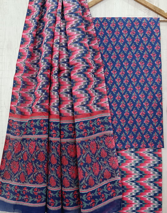 Blue & Pink Coloured Unstitched Pure Cotton Hand Block Printed Women Party/Daily wear Dress Material Suit- Top with Bottom & Cotton Dupatta!!