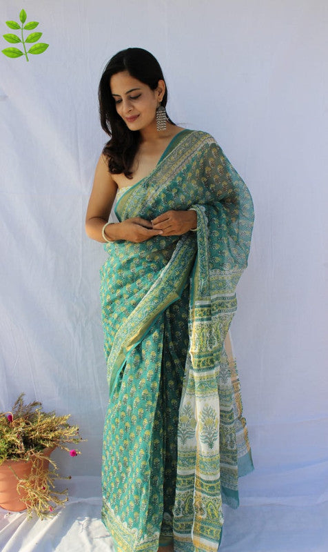 Green & Multi Coloured Kota Doriya Cotton Beautiful Hand Block printed Women Daily/Party wear Saree with Blouse!!