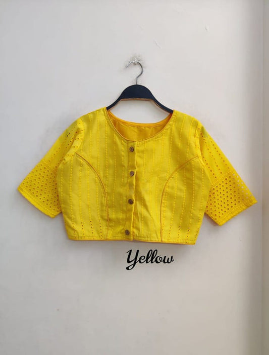 Yellow Coloured Jaipuri Goli Hakoba Boat Neck Ready made Blouse with Wooden Button!!