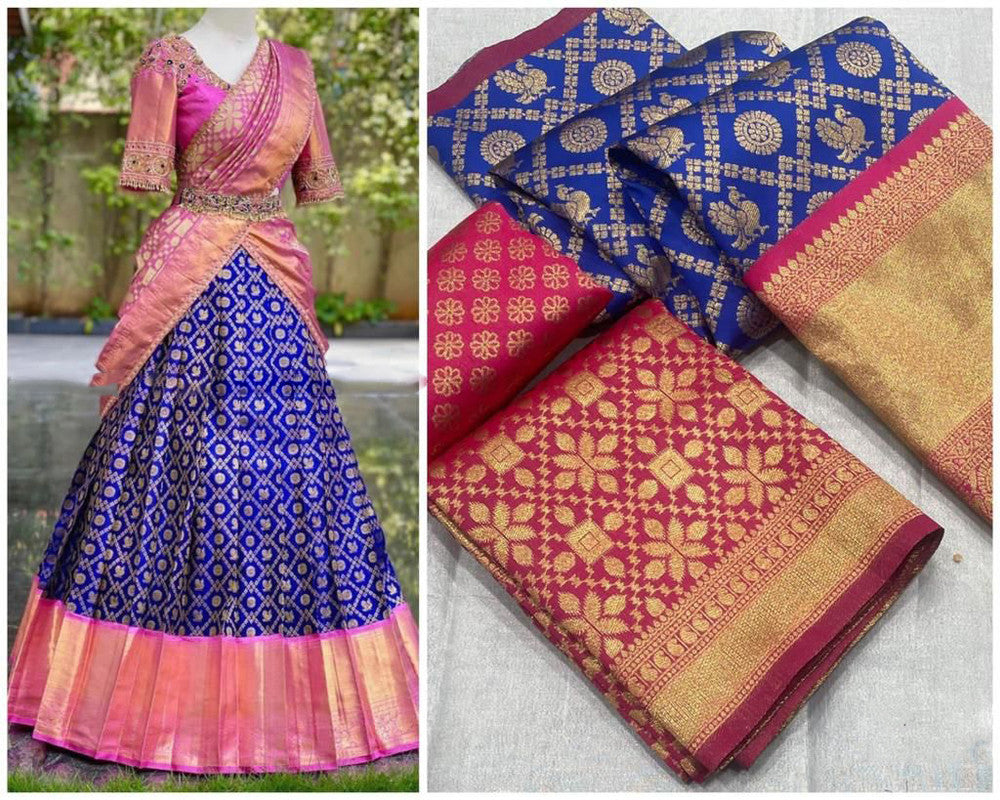 Kanjiveram Silk Zari Lehanga With Blouse & Heavy Embroidery Cut Work Duppata!!
