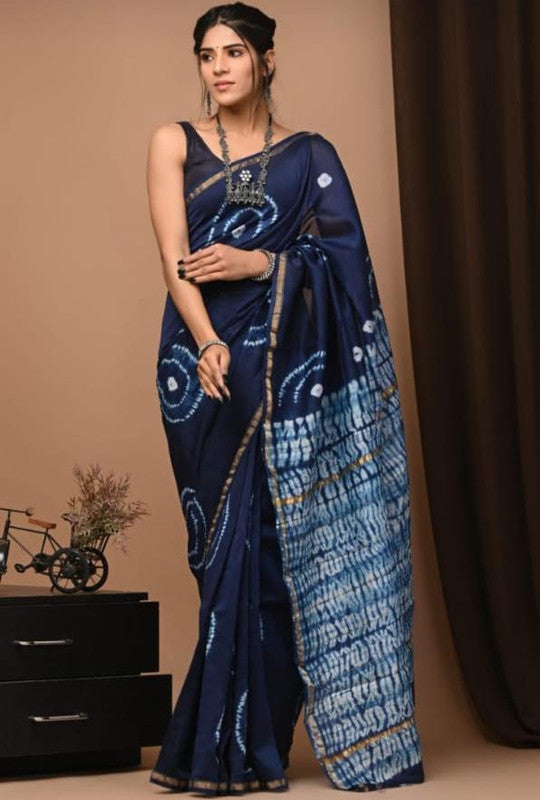 Navy Blue & Off White Coloured Hand Block Printed Women Designer Party wear Chanderi Cotton Silk Saree with Runnin Blouse!!