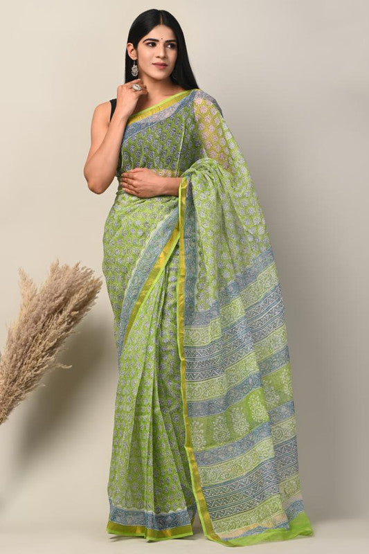 Light Green & Multi Coloured Kota Doriya Cotton Beautiful Hand Block printed Women Daily/Party wear Saree with Blouse!!