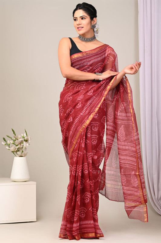 Dark Pink & Off White Coloured Beautiful Hand Block printed Women Daily/Party wear Kota Doriya Cotton Saree with Blouse!!